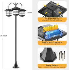 Outdoor Solar Lamp Post Lights – 3-Head Waterproof Solar Powered Floor Lamps with 60 Lumens, Extra Bulbs, Decorative Lighting for Garden, Lawn, Pathway & Yard