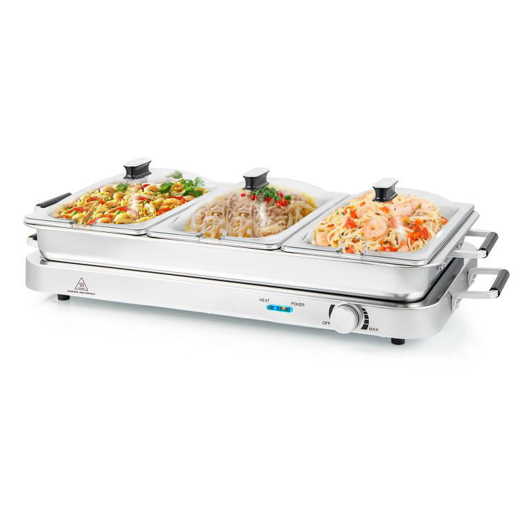 Buffet Servers and Warmers, 2-in-1 Electric Warming Tray with Temperature Control, Stainless Steel Chafing Dish, 3 Serving Trays, 8Qt Food Warmer Station for Parties, Banquets, and Events