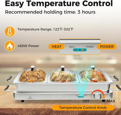 Buffet Servers and Warmers, 2-in-1 Electric Warming Tray with Temperature Control, Stainless Steel Chafing Dish, 3 Serving Trays, 8Qt Food Warmer Station for Parties, Banquets, and Events